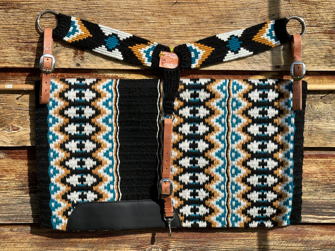 Teal/Sunflower Yellow Wool Blanket & Mohair Breast Collar